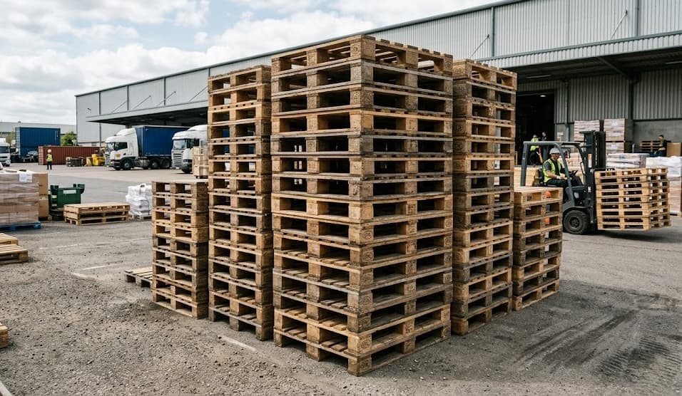 Stacked pallets in our outdoor inventory yard