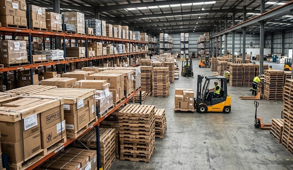 Large warehouse interior with pallet accessories, shelving, and organized inventory