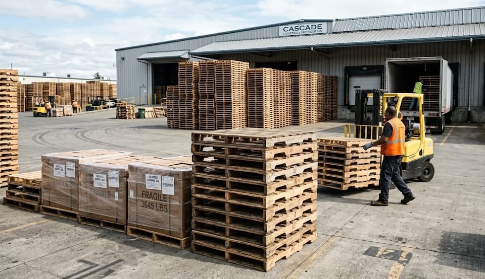 Outdoor shipping and receiving yard with workers handling custom pallet orders