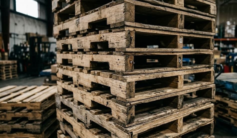 Recycled pallets stacked and organized in our Albuquerque warehouse